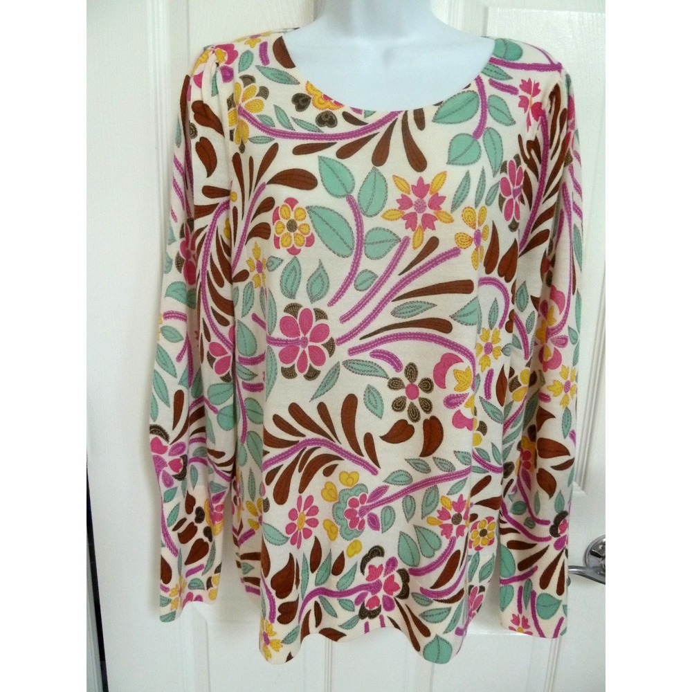 Talbots Large 12/14 Pure Merino Wool Floral Sweater Balloon Sleeve Multicolor